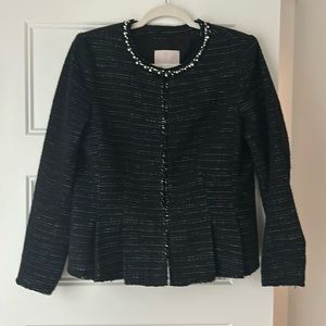 Rebecca Taylor Silk and Cotton Cropped Jacket with Peplum Waist and Pearl Collar